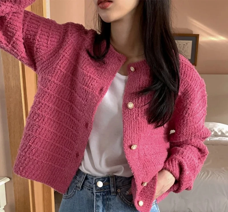 

Retro round Neck Texture Design Knitted Sweater Jacket Loose Long Sleeve Short Style