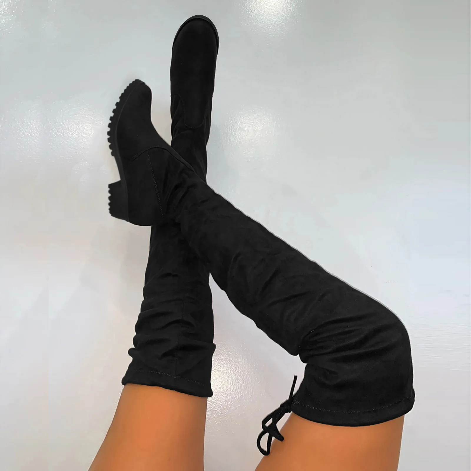 Women Boots Winter Black Over The Knee Boots 2023 New Comfort Lace Up Chunky High Heels Shoes Fashion Warm Suede Round Toe Boots