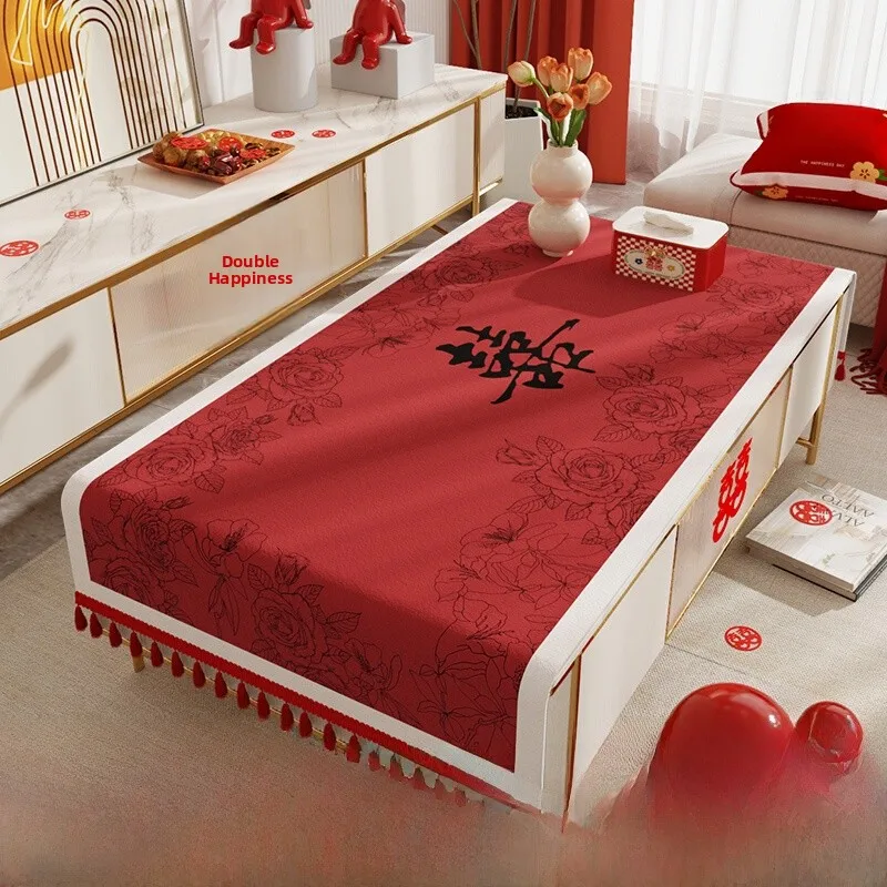 

Red Wedding Tablecloth New Couple's Tea Table Cover New 2025 Celebratory Engagement Dining Table Mat Happiness Word Cover