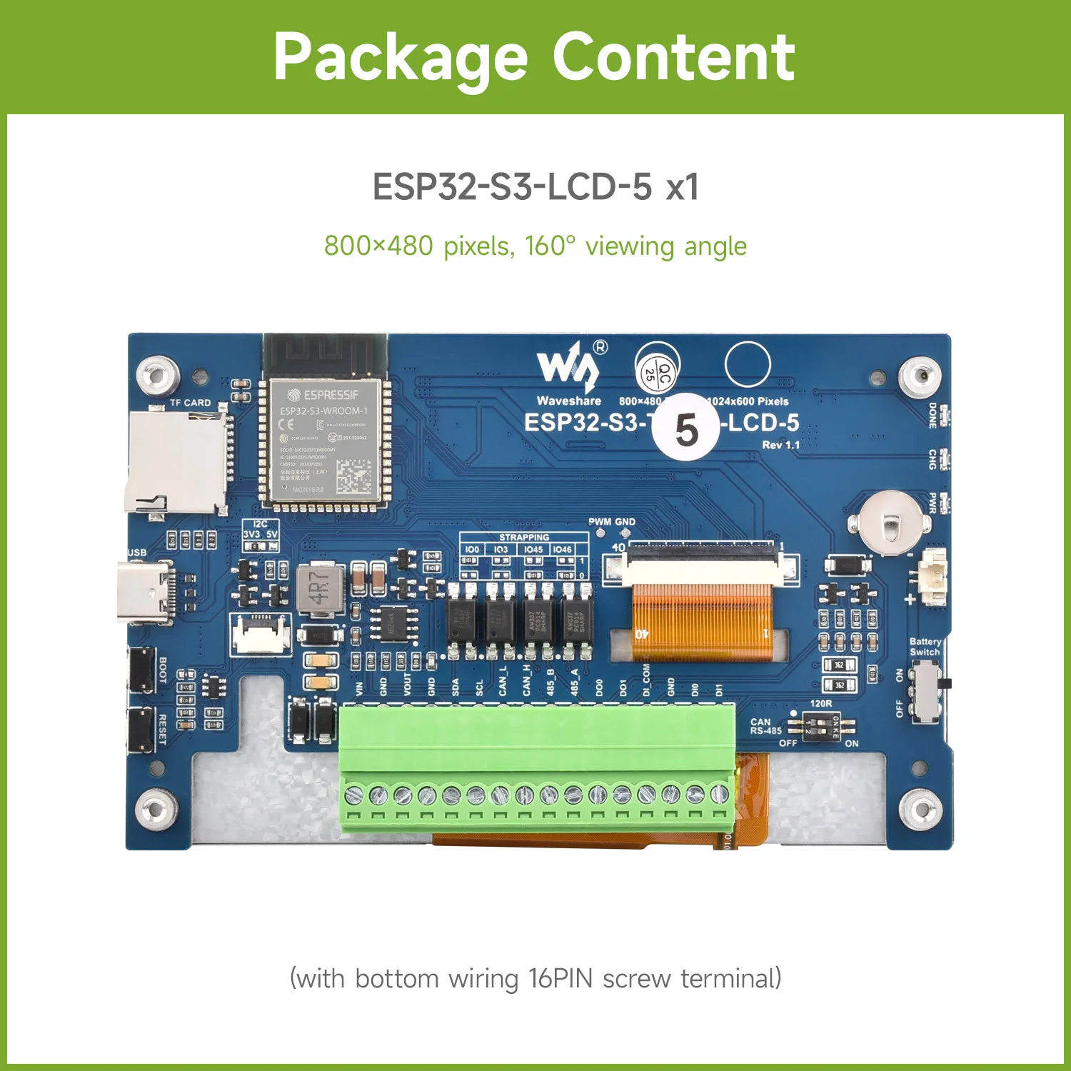 Waveshare ESP32-S3 5-Zoll-Entwicklungsboard mit kapazitivem Touch-Display, 5-Punkt, 32-Bit LX7 Dual-Core-Prozessor, ESP32 mit Display 5