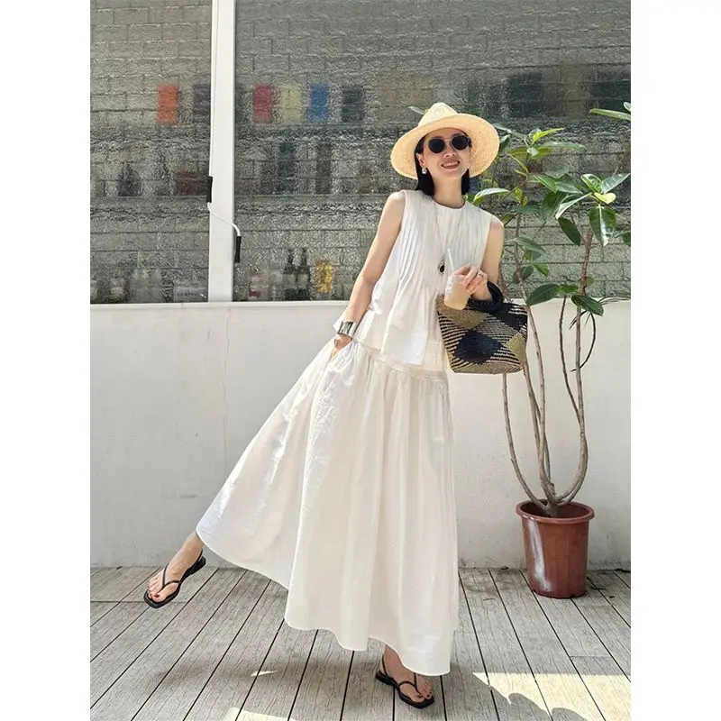 Summer new women's clothing high-end style new Chinese white sleeveless top+fashionable skirt two-piece set