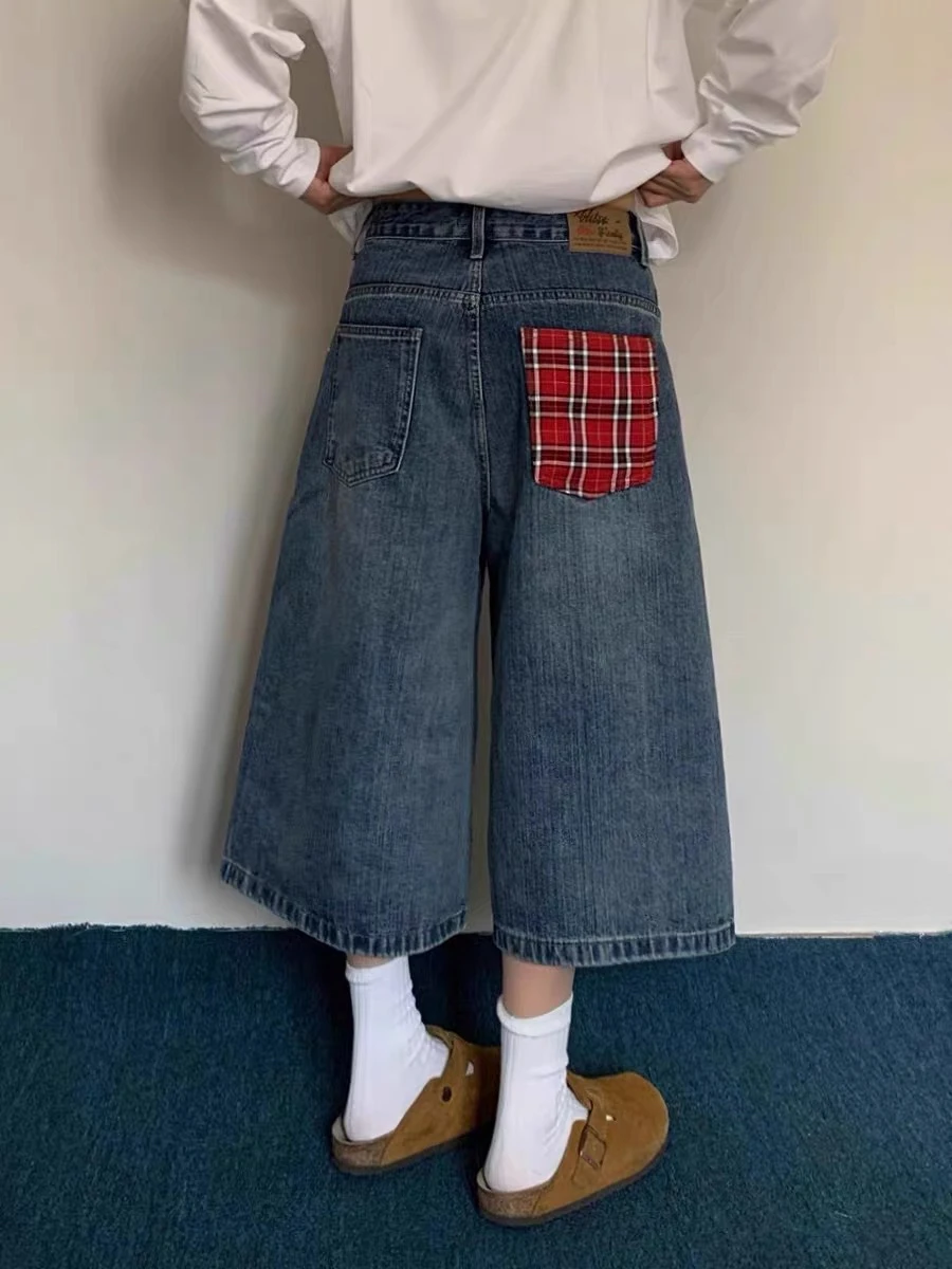 Pantaloni a sette piedi in denim scozzese americano retrò ket ex Pantaloni medi a gamba larga versatili casual larghi estivi