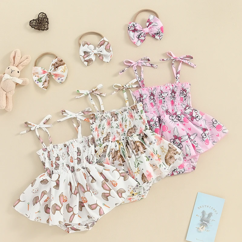 

2023-12-26 Lioraitiin Newborn Baby Girl Easter Outfit Bunny Halter Sleeveless Romper Dress Bodysuit Tutu Skirt Headband Set