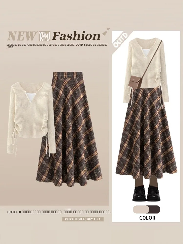 

Retro Lazy Sle Autumn Plaid Knitted Splicing Open Cardigan Top And Midi Skirt Set Women's Faion Ensemble Long Sve