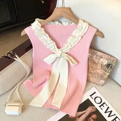 French Couture Bow Strap Knitted Sweater Women's 2024 Summer New Korean Design Temperament Top