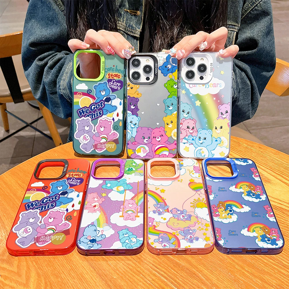 Cute Cartoon Care Bears Phone Case For iPhone 16 15 14 13 12 11 Pro Max X XR XSMAX 8 7 Plus Candy Matte Shockproof Back Cover