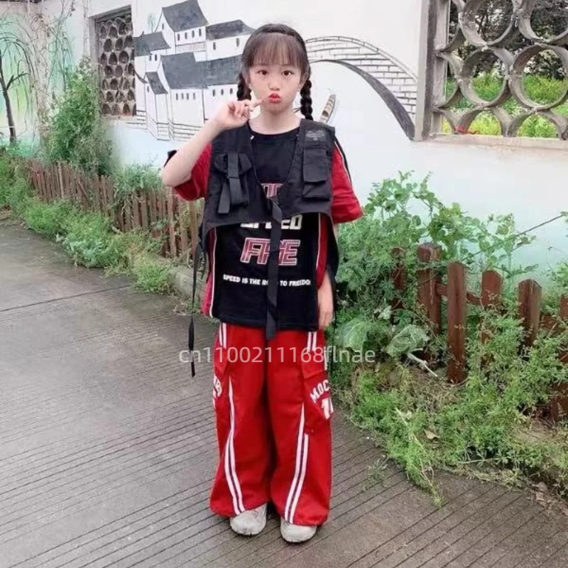 Traje de performance de dança de rua hip-hop infantil, conjunto de colete de hip-hop para meninos, trajes de performance de dança de jazz vermelho e preto
