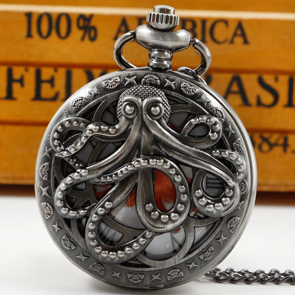 Vintage Grey Octopus Design Flip Hollow Pocket Watch Unisex Quartz Chain Watches Necklace Metal Clock Dropshipping