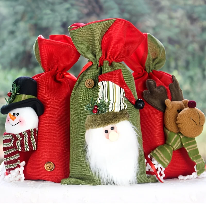 1pc Children's Christmas Gift Candy Storage Bag Exquisite 3D Elk Snowman Old Man Linen Elastic Pocket