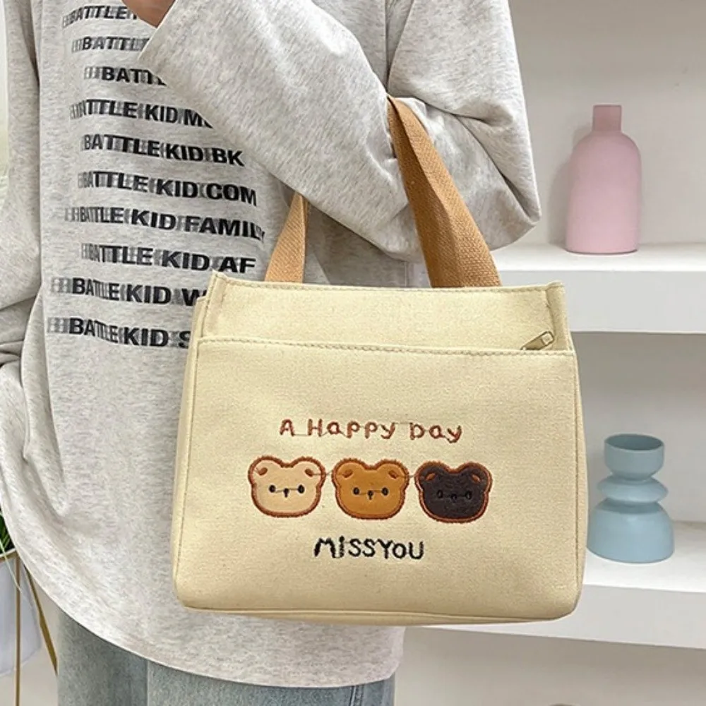 Cute 3 Bears Embroidery Tote Bag Large Capacity Lightweight Storage Pouch Zipper Closure Reusable Handbag Office