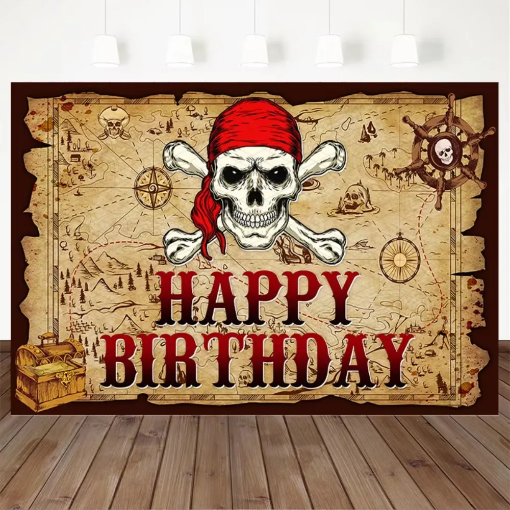 Retro Pirate Treasure Map Skeleton Themed Banner Background, Boy's Birthday Party, Home Decoration Photography Background Cloth
