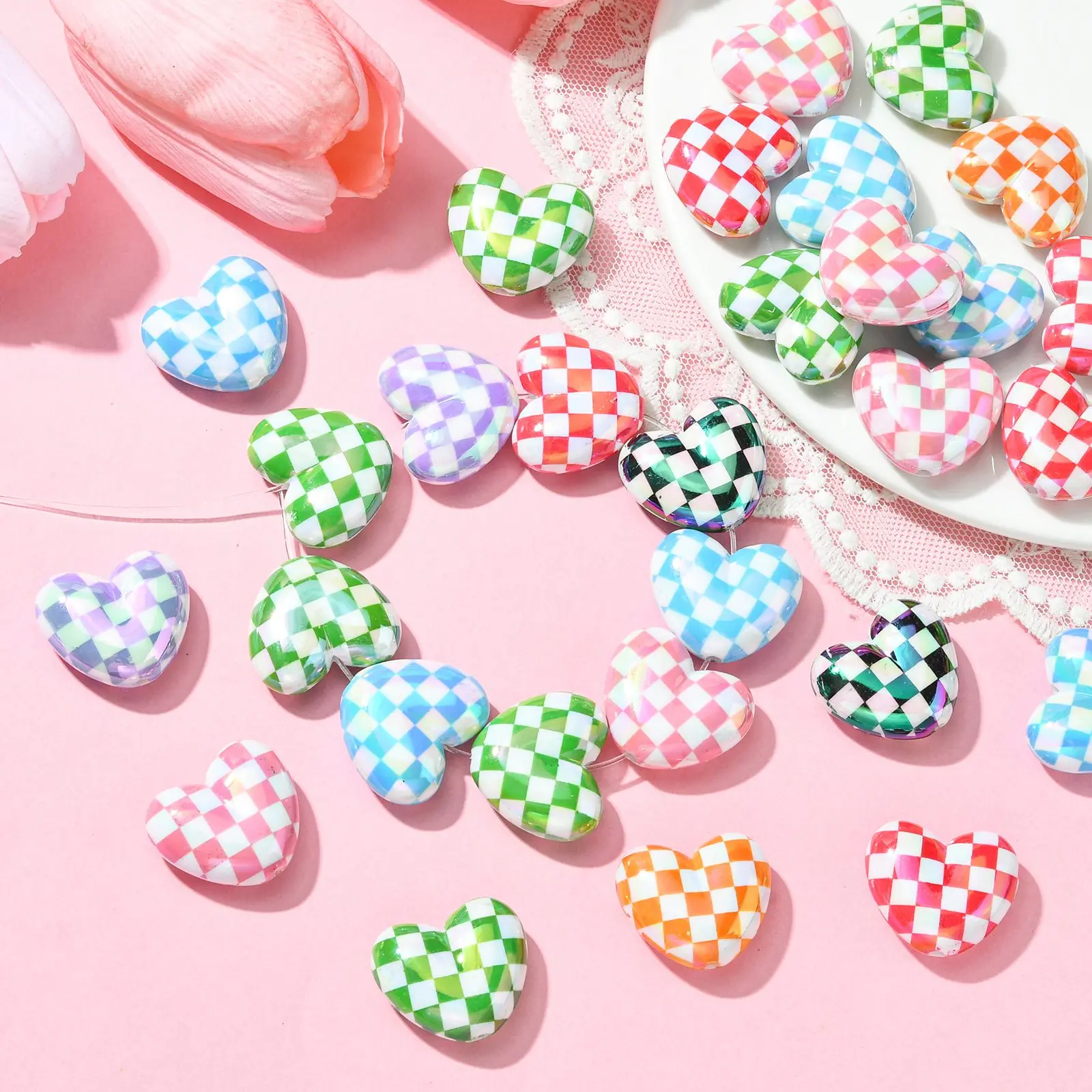 PandaHall 30 Stück Zufällig Beschichtete Herzperlen Bunte Gitter-Herzperlen Valentinstag Herzperlen für Schmuckherstellung Armbänder – Detail 6