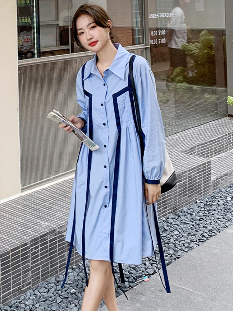 LANMREM Striped Spliced Design Fashion Women\'s Dress Lapel Single Breasted Contrast Color Mid Length Spring New Dresses 2AA4922