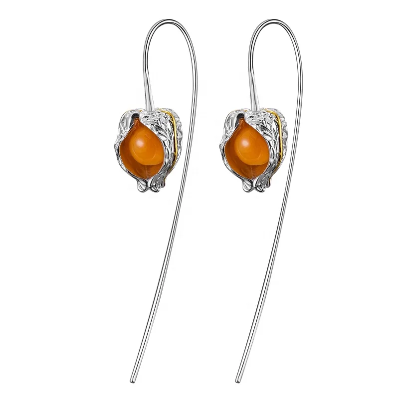 

Custom Natural Stone Creative Design Pour Fruit Horned Gooseberry Earrings 925 Sterling Silver 18k Jewelry