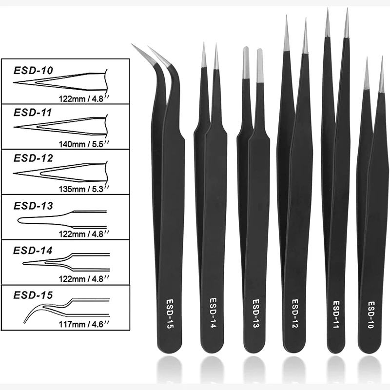 6PCS ESD Anti-Statische Edelstahl Pinzette Präzision Wartung Industrie Reparatur Gebogene Hause Arbeits Hand Telefon Uhr Werkzeug