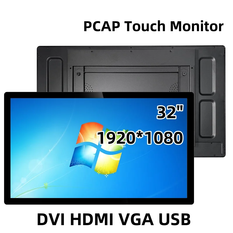 Zhixianda 산업용 정전식 터치 스크린 모니터 평면 순수 방수 LCD 디스플레이 DVI VGA HDMI USB 32 인치 1920*1080