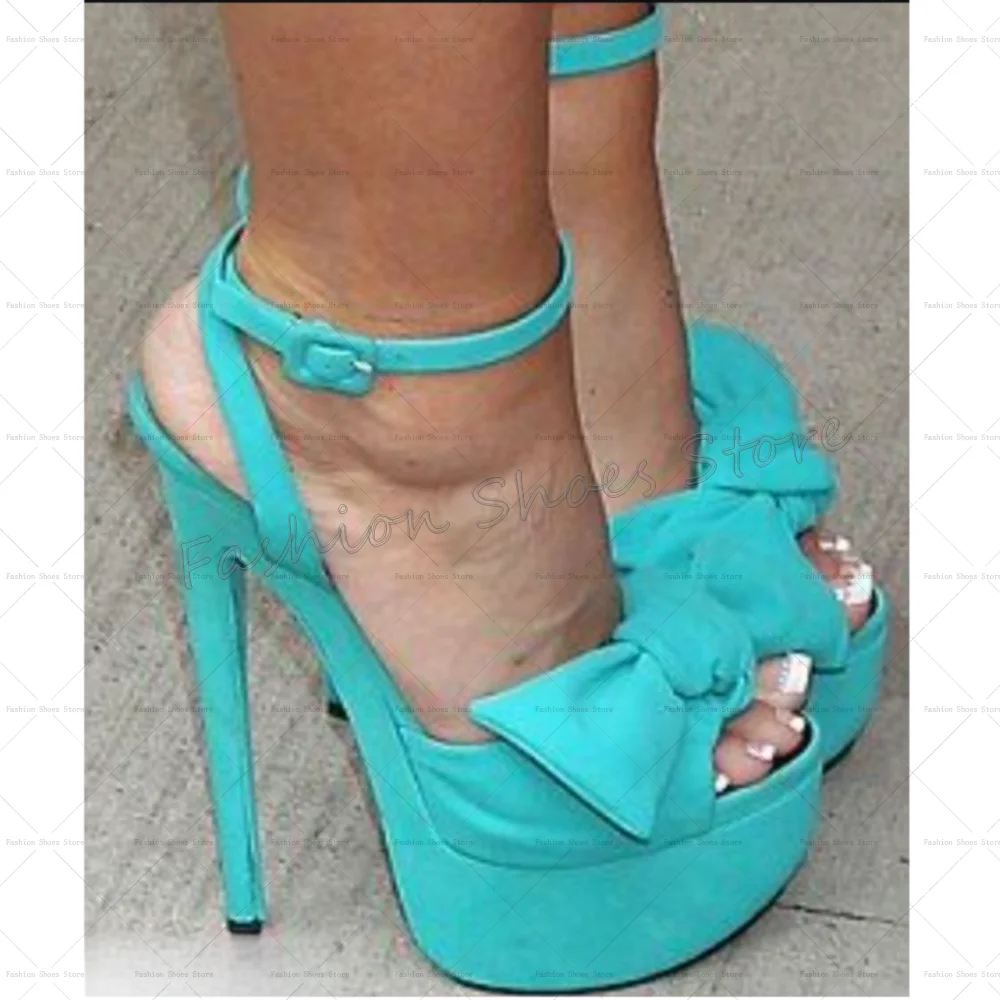

Blue Platform Bow knot Decor Sandals Ankle Buckle for Women Thin High Heels Fashionable Dinner Party 2025 Zapatos Para Mujeres