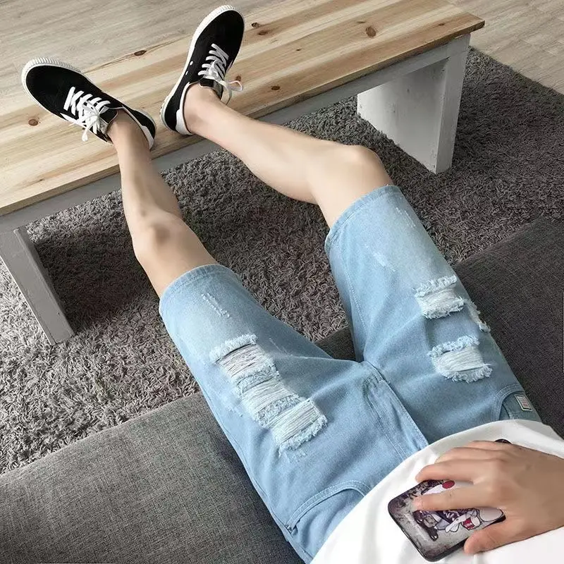

Men's Distressed Denim Shorts Slim Fit Korean Style Summer Casual Five Pocket Mid Length Hip Hop Jeans