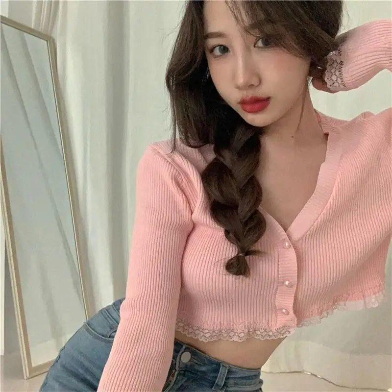 

Women's Knitted Short Sleeve Long Sleeve Cardigan Thin Sweater Spring Autumn Slim Fit Base Shirt Versatile Top PU Material