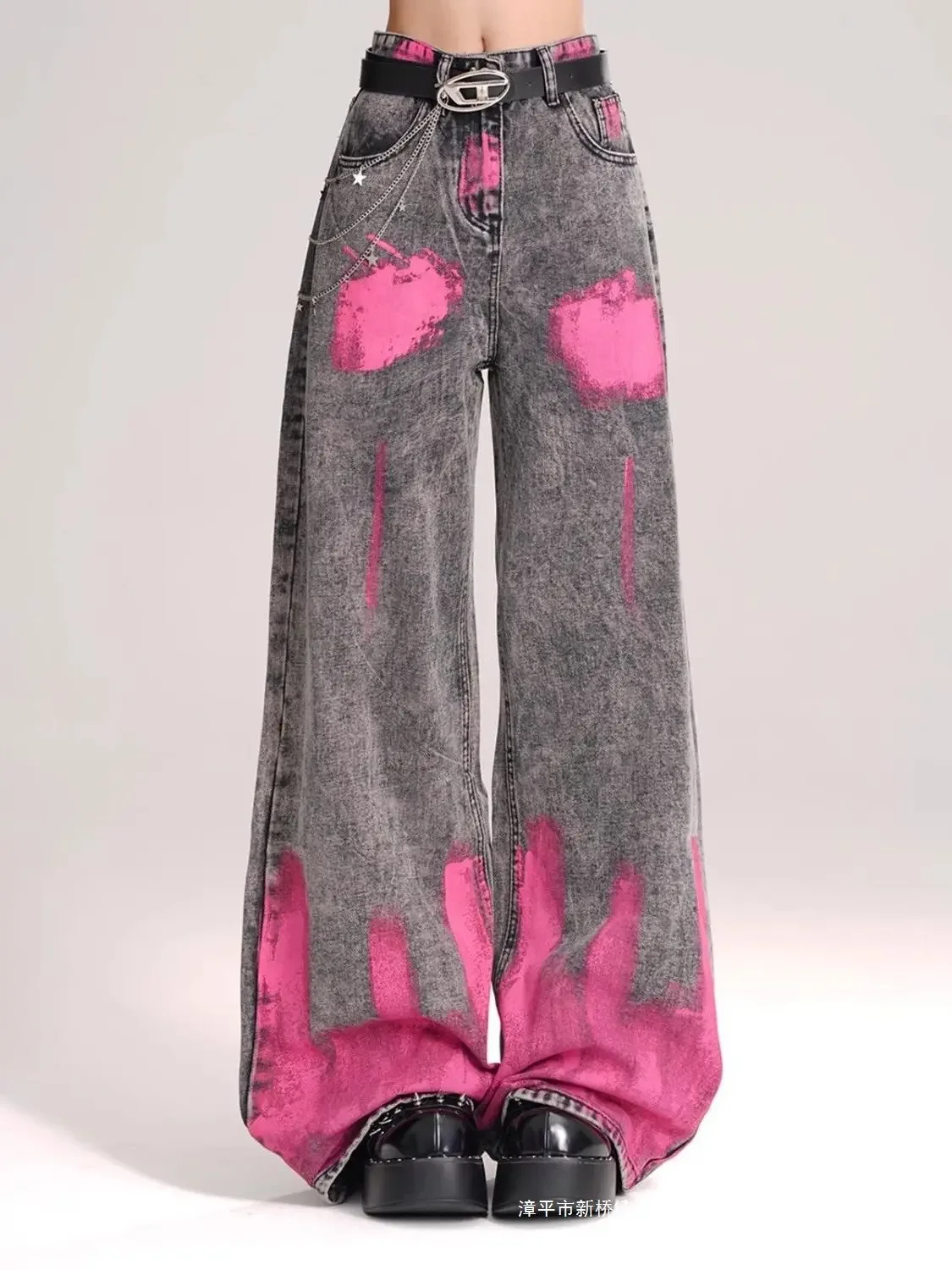 

High Street Graffiti Printed Straight Leg Jeans for Women, High Waist, Slim Look, Wide Legs, Loose Drop Pants, Trendy