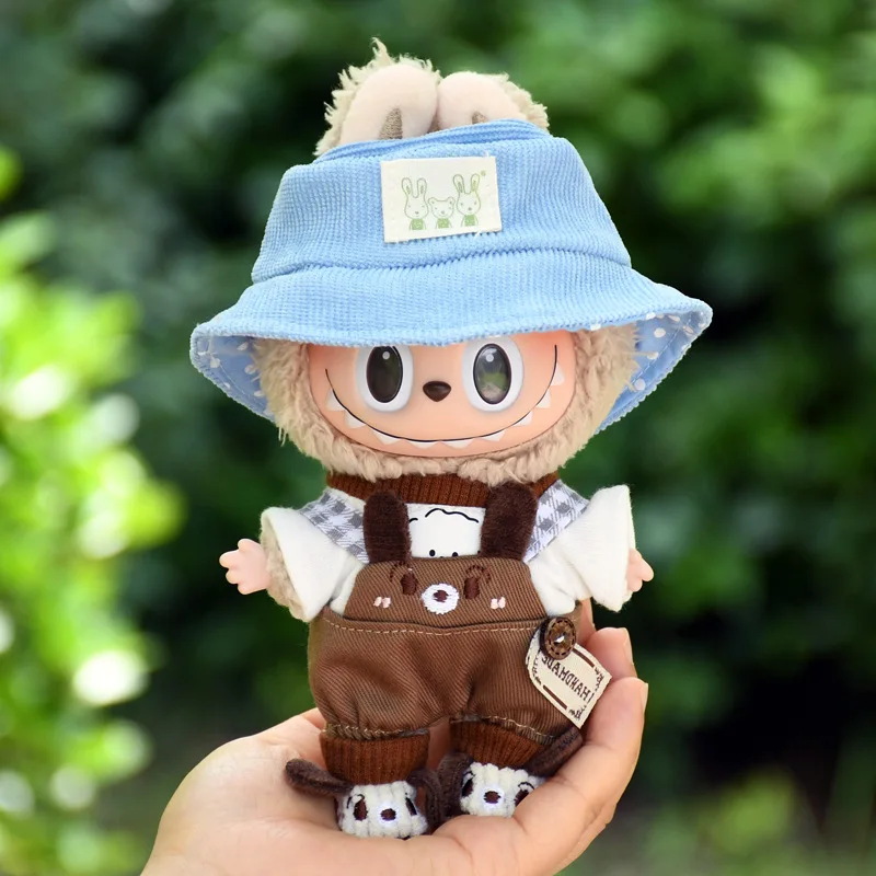 

Handmade Cute Plush Doll's Clothes Blue Fisherman Hat Puppy Print Shirt Rompers Soes Set For 17cm Labubu Clothes Accessories
