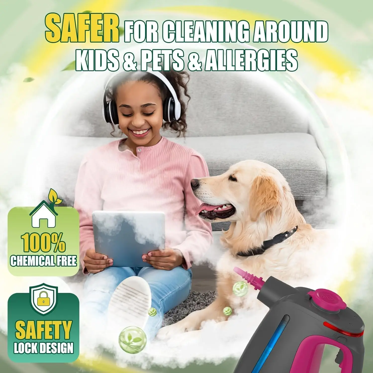 잠금 가능한 스팀 버튼과 11개의 액세서리가 포함된 견고한 휴대용 스팀 청소기, 연속 스팀을 위한 무제한 물 추가