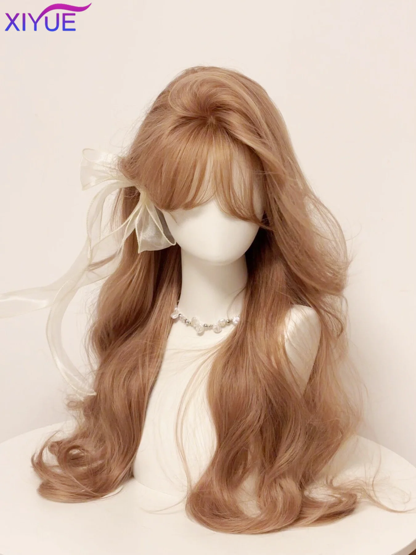 XIYUE Cosplay Wig With Bangs Synthetic Straight Hair 24 Inch Long Heat-Resistant Milk tea brown Pink Wig For Women