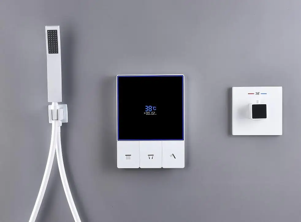 Modernes weißes digitales Temperatur-LED-Display, verdecktes montiertes Badezimmer-Regenfall-Wasserfall-Duschsystem-Set