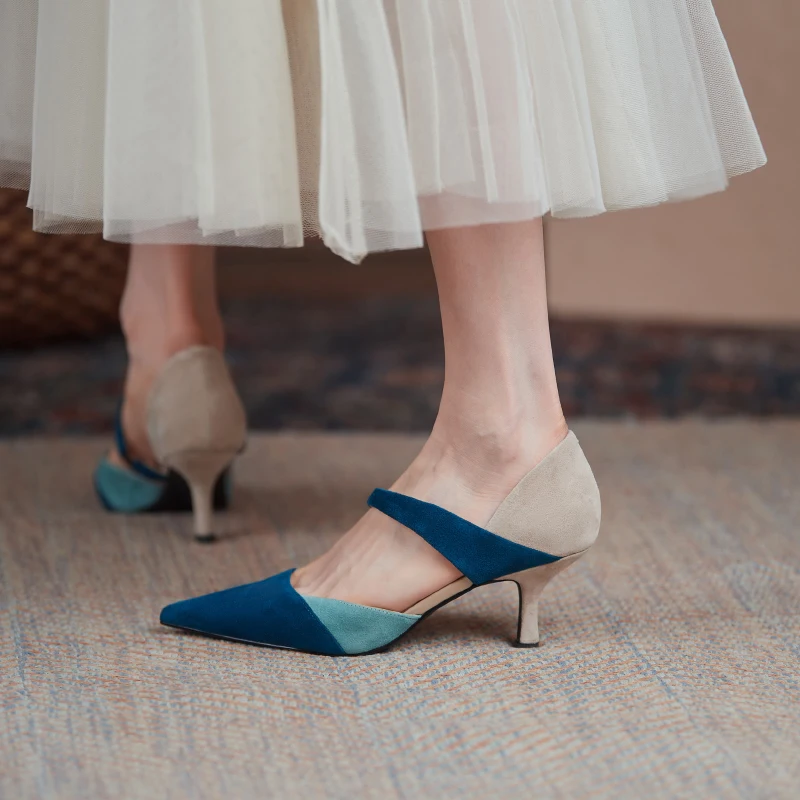 2026new summer women sandals natural leather 22-24.5cm kid suede+pigskin+sheepskin pointed toe mixed color high heel women shoes view 3