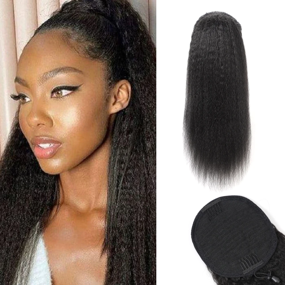 

Yaki Kinky Прямой хвостик на шнурке Шиньон Афро наращивание Бразильский зажим для человеческих волос на шнурке для чернокожих женщин