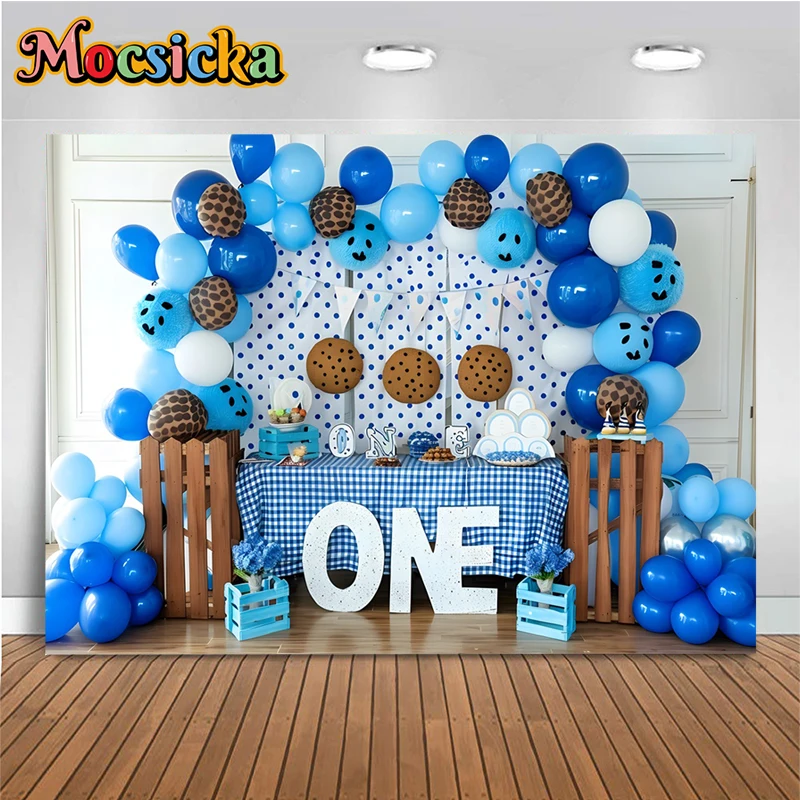 ONE Biscuit Background Photography Blue Balloon Birthday Cake Table Party Girl Children Backdrop Decoration Poster Photobooth