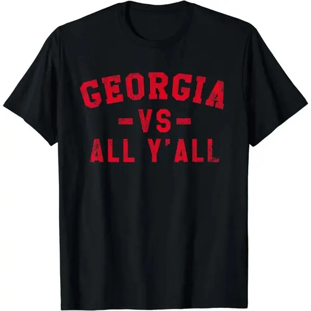 Men's Short-Sleeve 100% Cotton Fitted Slogan T-Shirt - Round Neck Digital Print Top with Funny 'Georgia vs All Y'all' Slogan, Casual All-Season Menswear