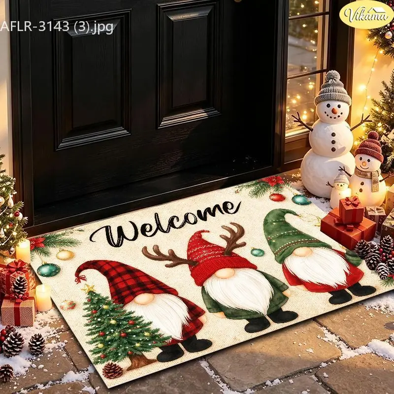 VIKAMA Welcome Gnome Reindeer Tree Entryway Rug Non Slip Low Profile Mats for Outside Front Door Xmas Winter Decor Soft
