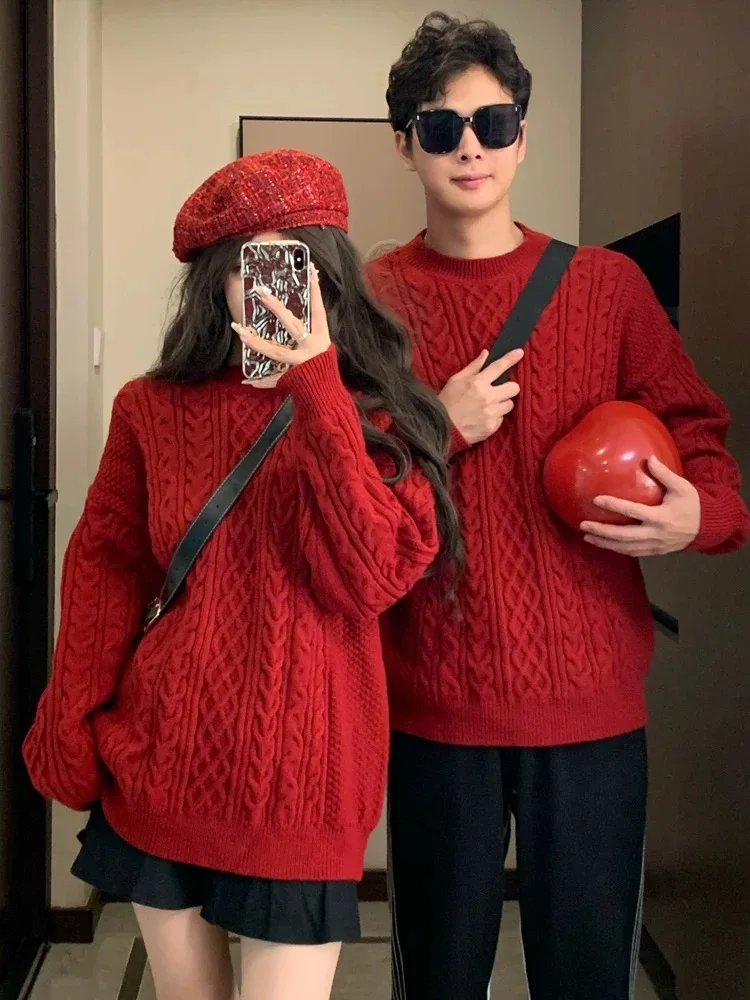 Red Knitted Sweater Couple Matching Autumn Winter Casual Style Year of Birth Celebration New Year Engagement Twist Design
