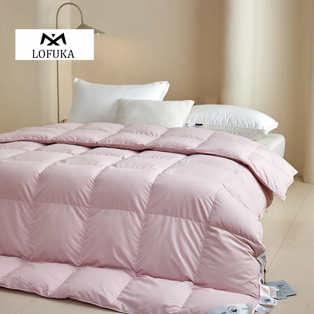 Lofuka Women Pink 100% Goose Down Filler Quilt Comforter Duvet White Cotton Cover Queen King All Season Blanket For Sleep Gift