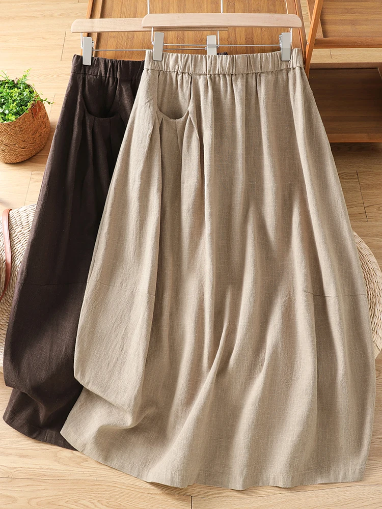 Retro Japanese Style Loose Fit Linen Half Skirt Women's High Waist Elastic Waist Casual Bloom mid Length Skirt
