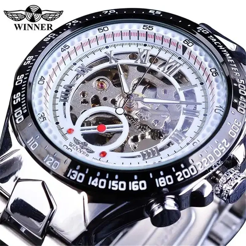 Winner 432A Men Sport Racing reloj automático de hombre silver Men Gift Watch Automatic Mechanical Skeleton Watches reloj hombre