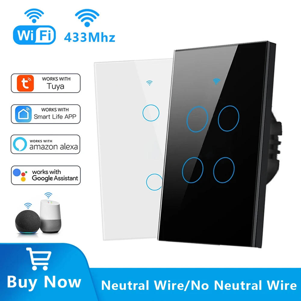 

Tuya WiFi Smart Light Switch US Wall Switch 1/2/3/4 Gang With/No Neutral Wire Touch LED Switch Smart Life APP Alexa Google Home