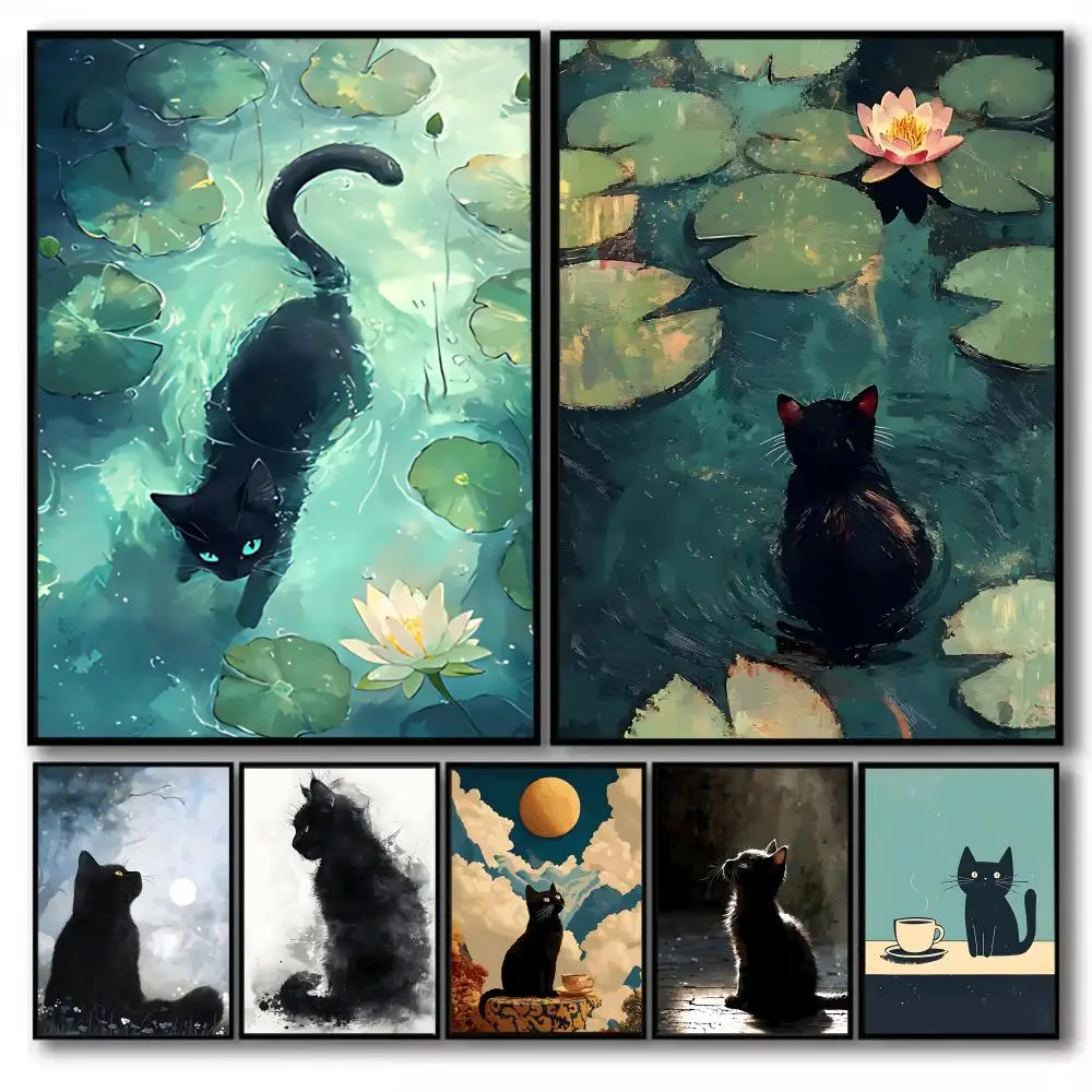 Black Cat Theme Painting Calligraphy Canvas Poster Art Anti-wrinkle For living Room & Entrance Decor & Dorm & Art Decoration
