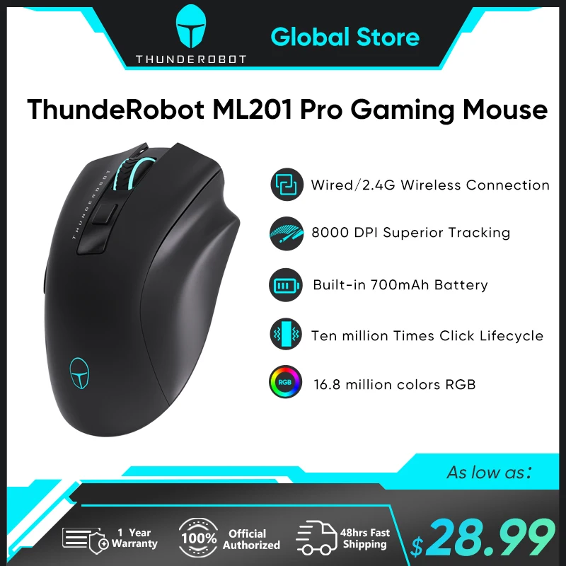 

ThundeRobotML201Pro Wireless Office Gaming Mouse Long-distance Transmission Power-saving Mode Ultra-long Life Bluetooth 8000DPI