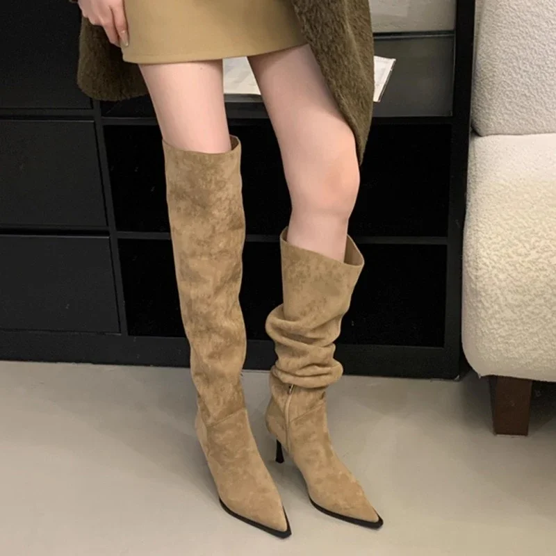 النساء مزاجه أحذية طويلة الخريف جديد أشار تو الجلد المدبوغ الجانب سستة عدم الانزلاق مقاومة للاهتراء سليم أتباع الأحذية