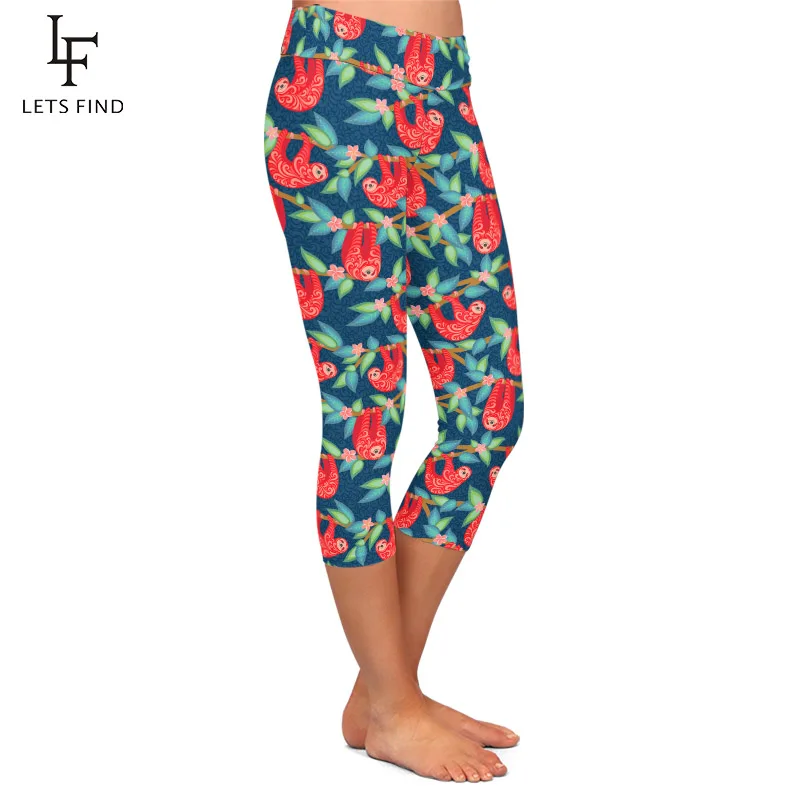 Letsfind alta quaility mulheres preguiça bonito com estampa floral meados de bezerro leggings de cintura alta fitness magro capri leggings