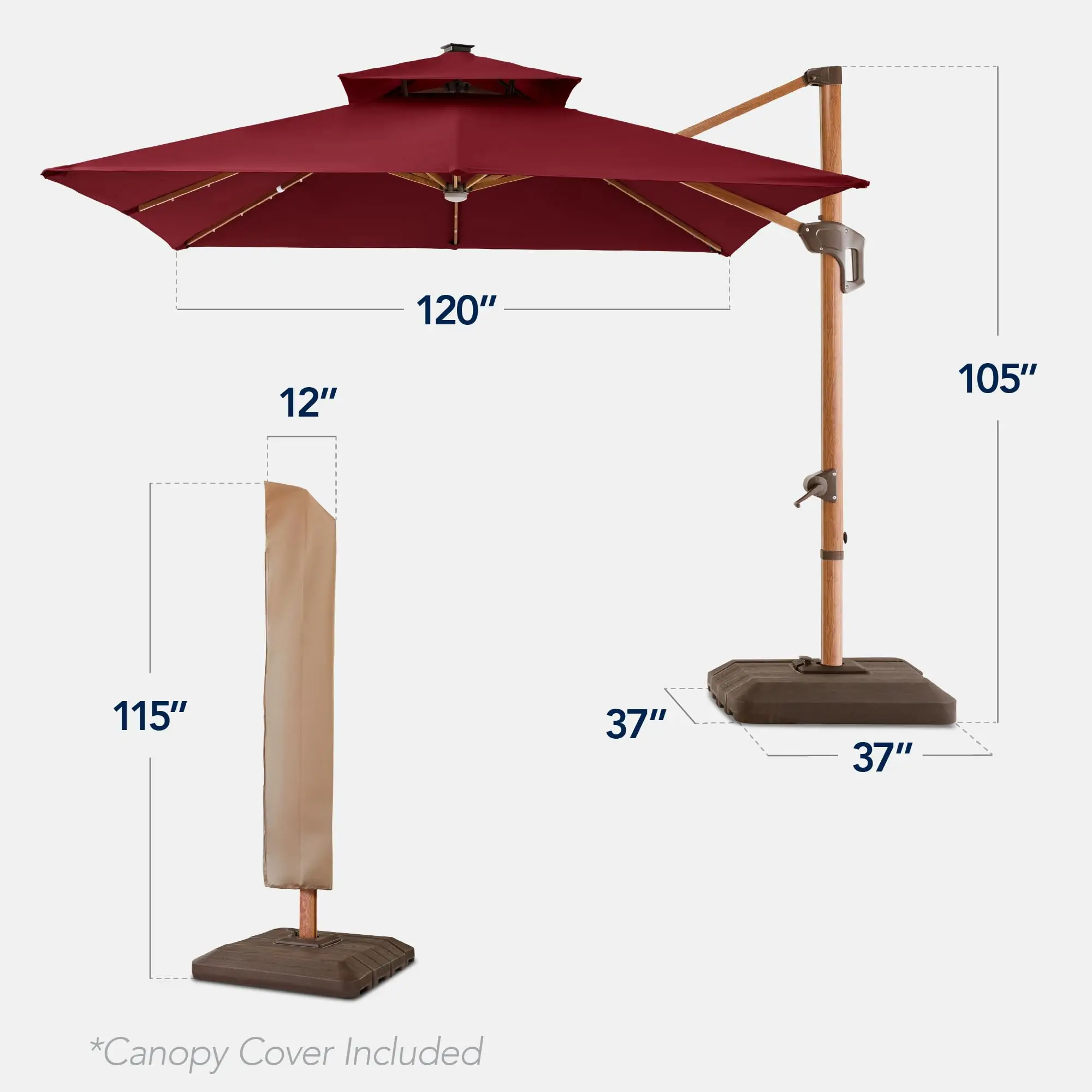 10ft Square Cantilever Patio Umbrella w/Base Included, Woodgrain Pattern Pole & Solar LED Lights, 360-Rotation, Offset