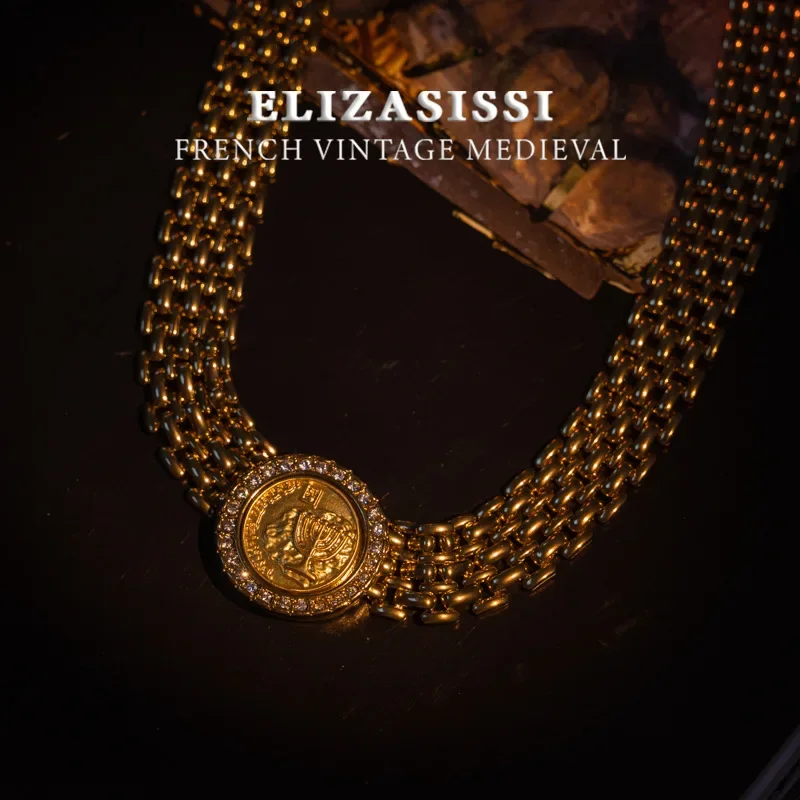 

Fashion medieval, new copper round necklace, European and American style copper gold-plated thick chain, simple coin collarbone