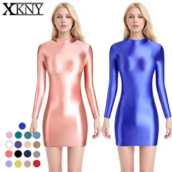 XCKNY satin oil glossy dress high neck long sleeve skirt one step skirt elastic silk tight skirt sports skirt sexy tight dress