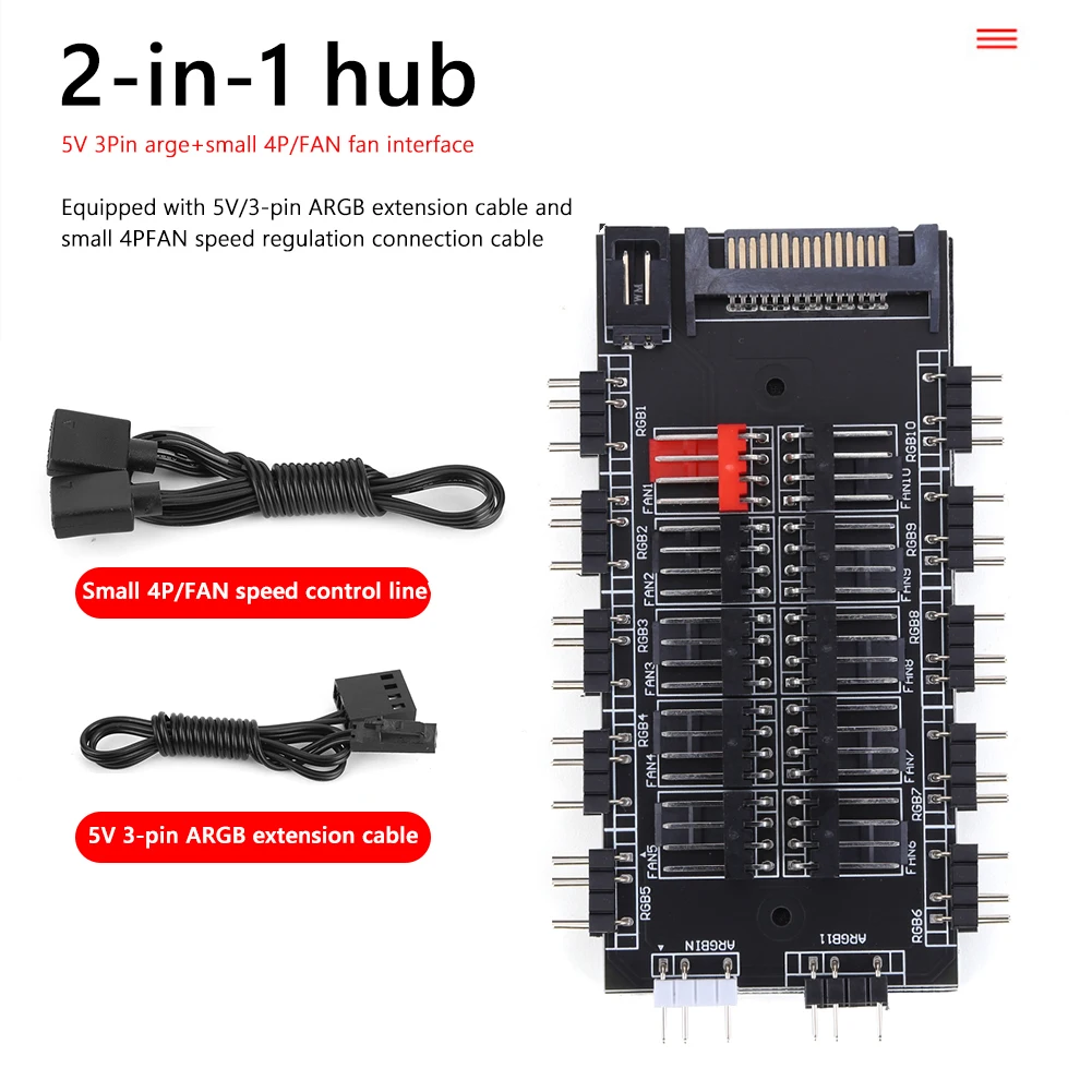 2 in1 PC Cooler Fan Hub 5V 3PIN ARGB SATA Power Splitter Adapter 4PIN PWM Splitter Extension Supply Socket Connector for PC Case