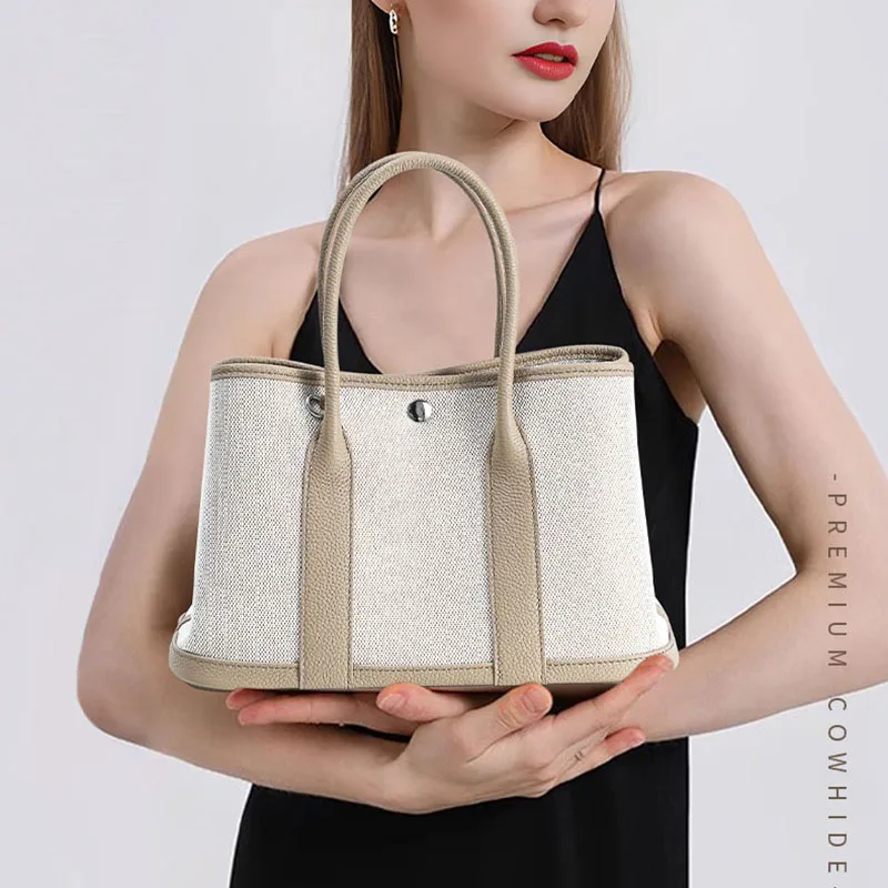 

New Women's Bags, Niche High-End Handbags, Genuine Leather Tote Bags, First-Layer Cowhide Casual Bags, Large-Capacity Canvas Color-Block Garden Bags