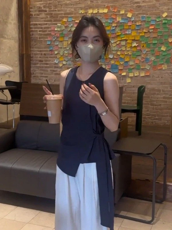 

Летняя новинка: женская блузка без рукавов с круглым вырезом, в гонконгском стиле, с эффектом утяжки талии, с поясом, для повседневной носки