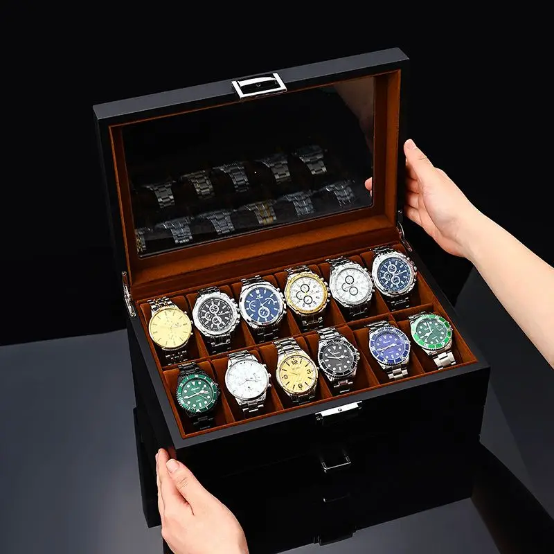 Black Luxury Watch Box Organizer Wooden Shockproof Bilayer Watch Jewelry Storage Case Display Stash Box Personalised Gifts