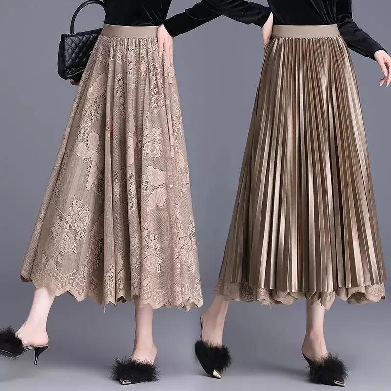Heavy Industry Lace Skirt Women in Autumn Winter New High-waist Pleated Skirt on Both Sides Wearing A-line Long Skirt